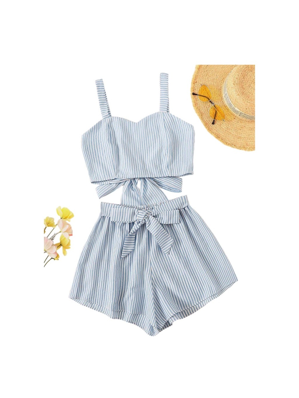 Women’s Light Blue Striped Paperbag Waist Shorts - Cute Summer Style